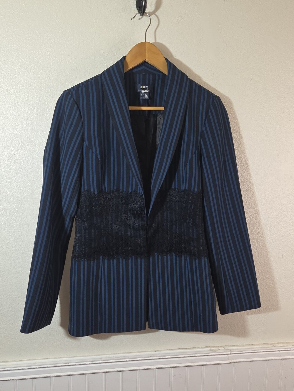 Maeve Anthropologie Women Blazer Jacket Blue Black Stripe Lace Panel Goth Office